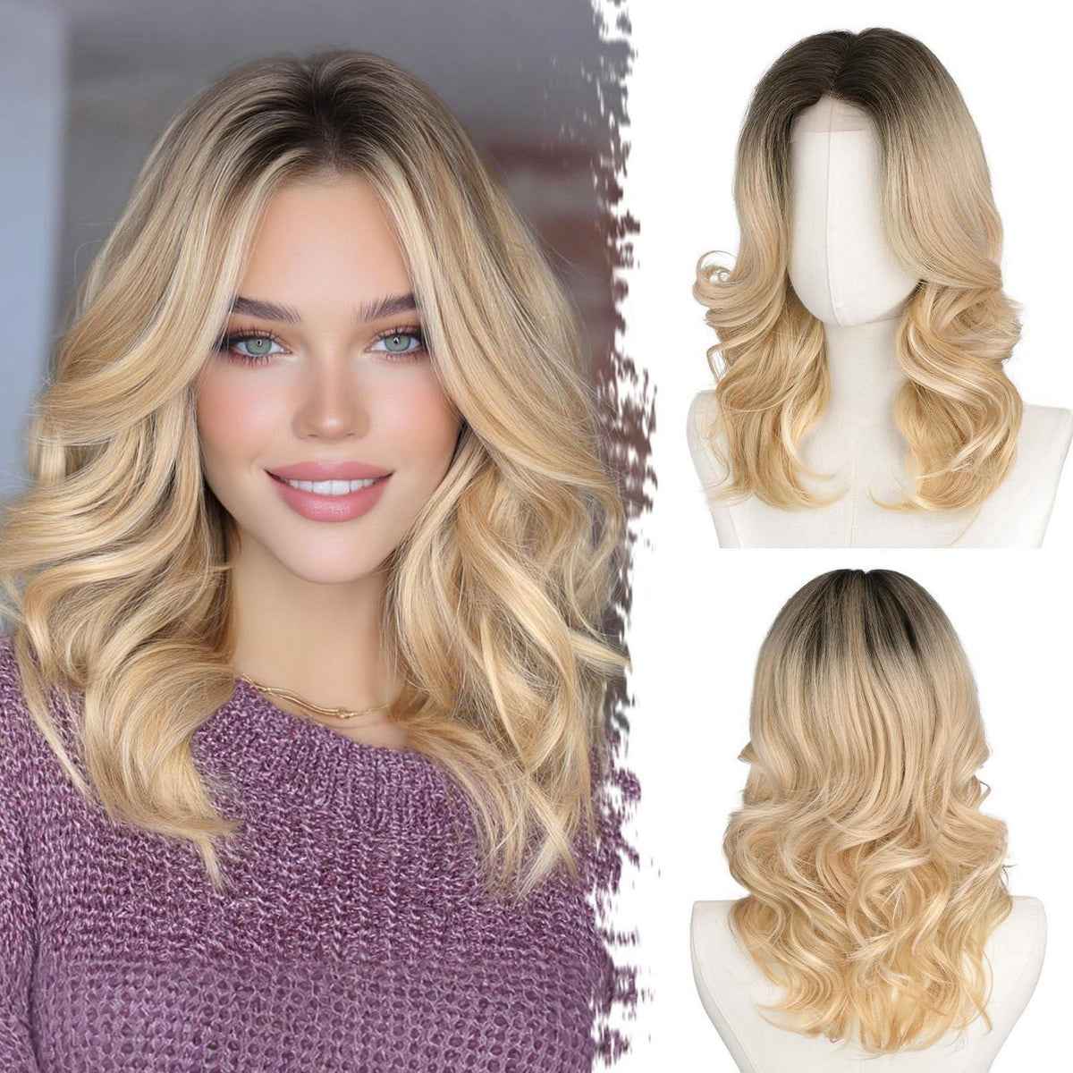 Blond Ombre Wellenperücke Schulterlang mit Pony