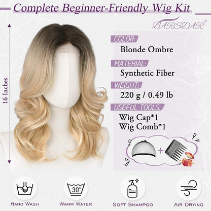 Blond Ombre Wellenperücke Schulterlang mit Pony