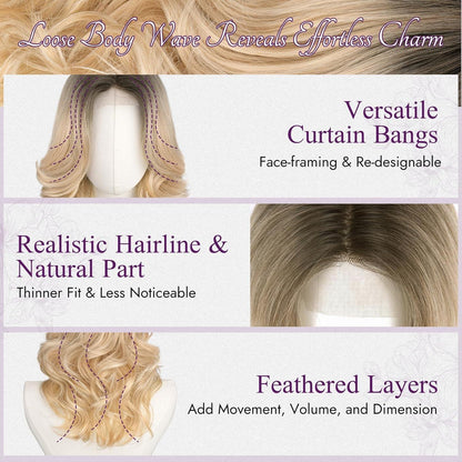 Blond Ombre Wellenperücke Schulterlang mit Pony