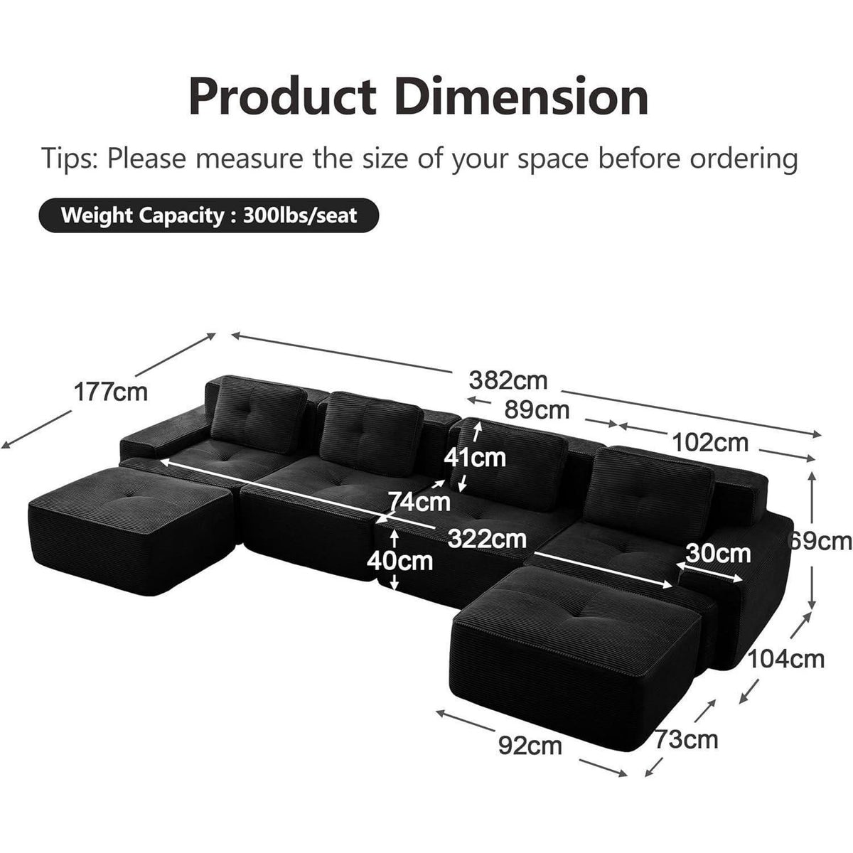 Modularer Cord-Ecksofa 4-Sitzer mit Hockern & Tiefsitz