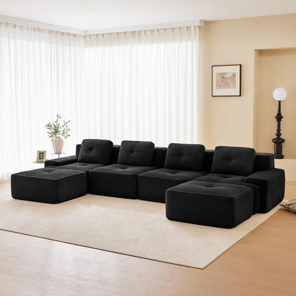 Modularer Cord-Ecksofa 4-Sitzer mit Hockern & Tiefsitz