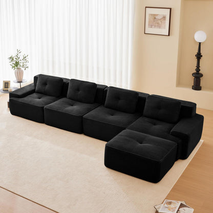 Modularer 4-Sitzer Cord-Ecksofa mit Hocker – Tiefsitz & Komfort