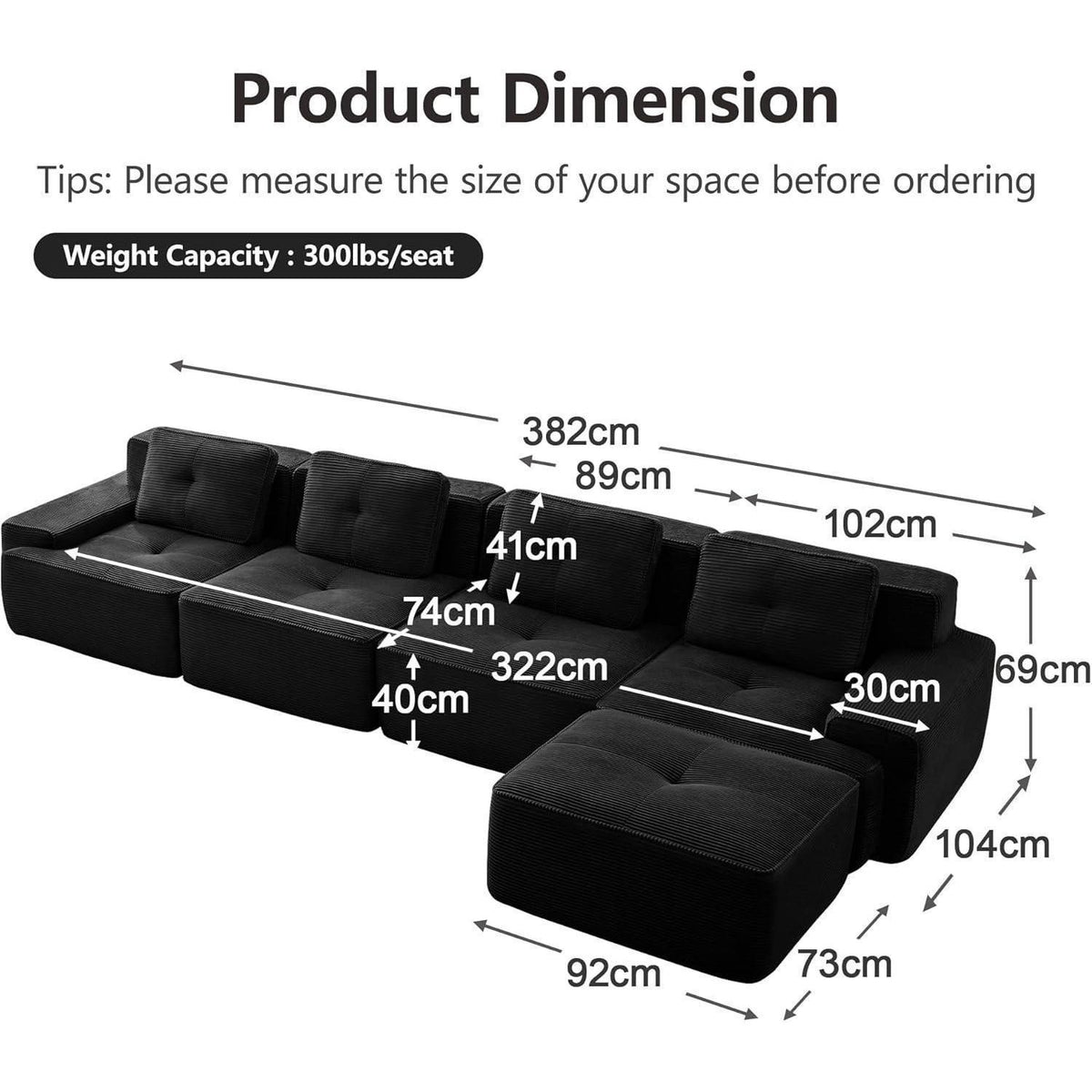 Modularer 4-Sitzer Cord-Ecksofa mit Hocker – Tiefsitz & Komfort