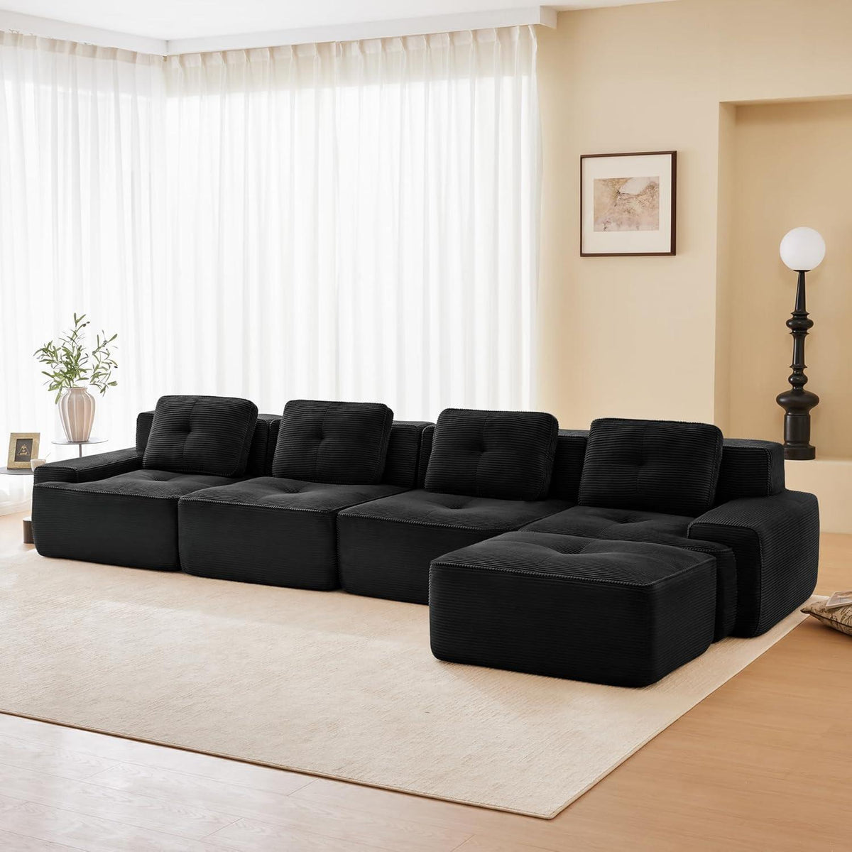 Modularer 4-Sitzer Cord-Ecksofa mit Hocker – Tiefsitz & Komfort