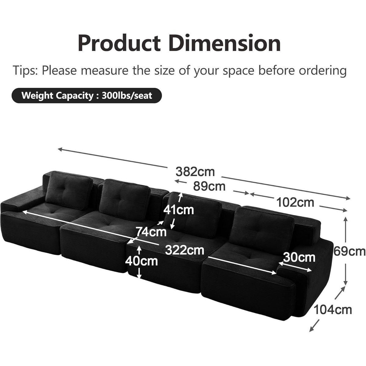 Modulares 4-Sitzer Cord Sofa – Tiefsitz & Komfort