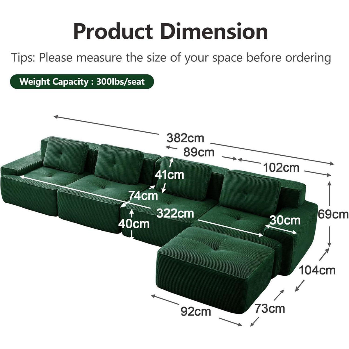Modularer 4-Sitzer Cord-Ecksofa mit Hocker – Tiefsitz & Komfort