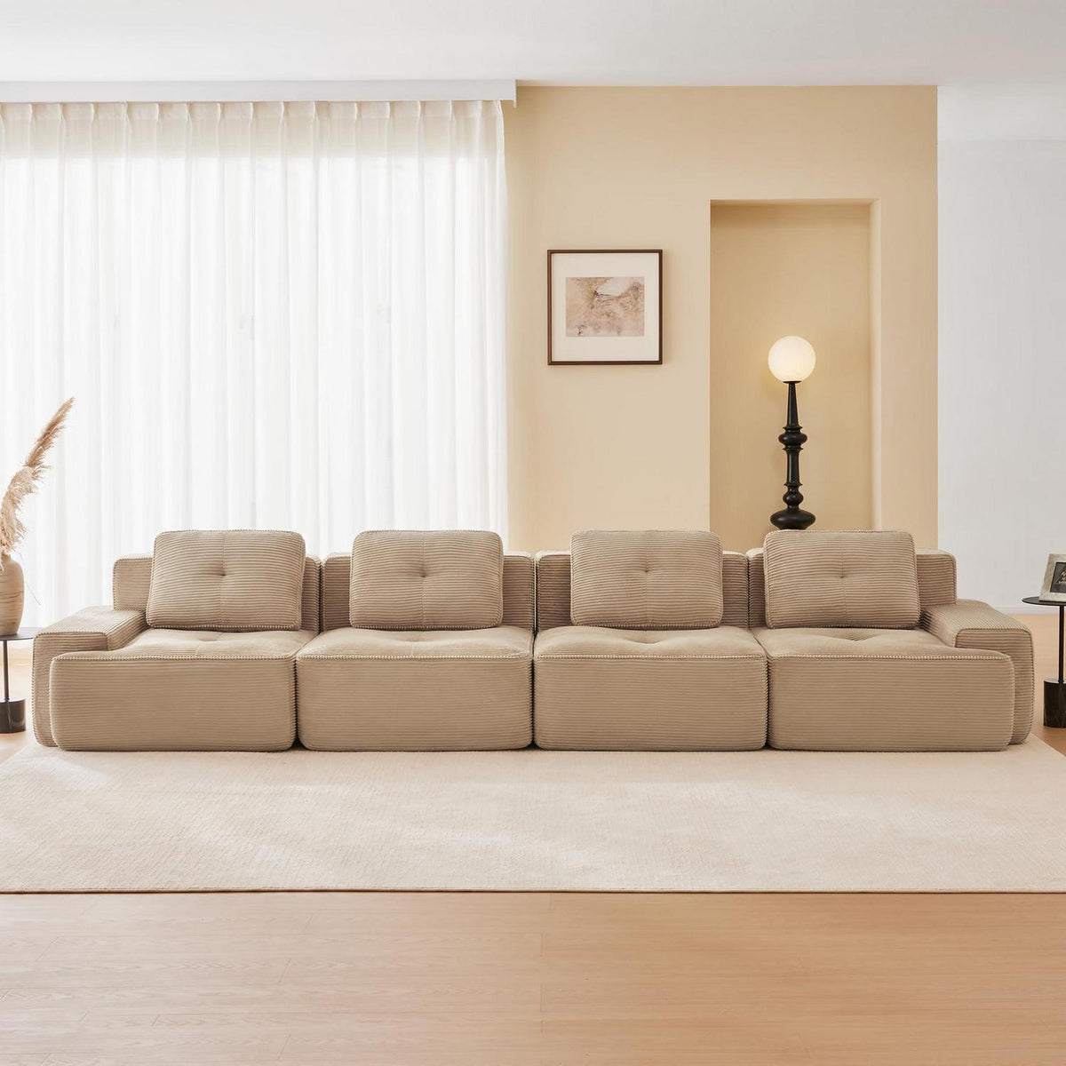 Modularer 4-Sitzer Cord Sofa | Beige Eckcouch Tiefsitz