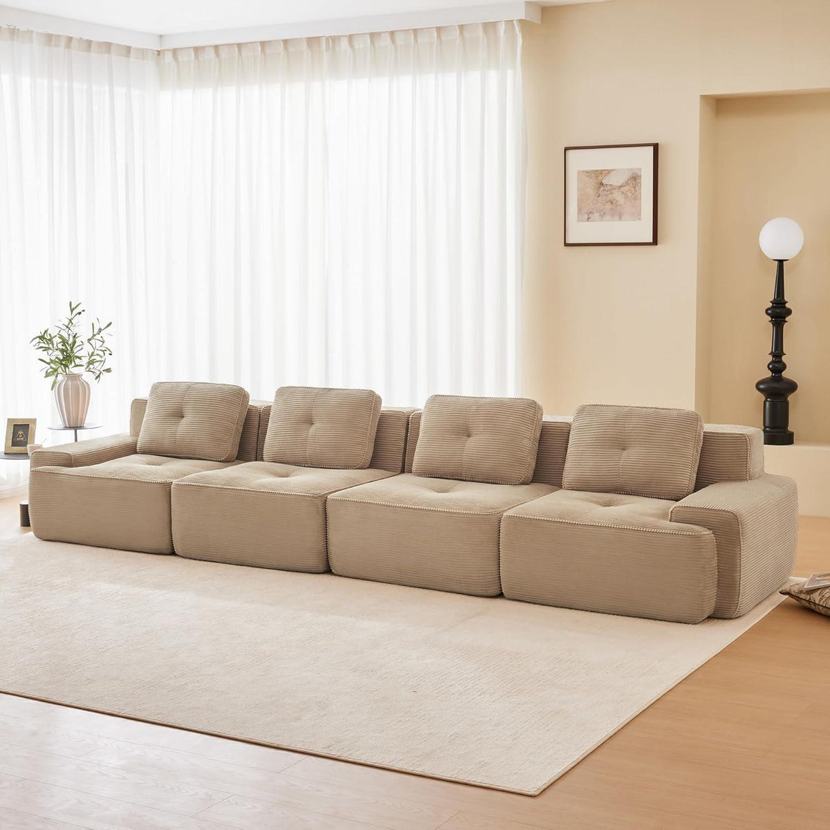Modularer 4-Sitzer Cord Sofa | Beige Eckcouch Tiefsitz