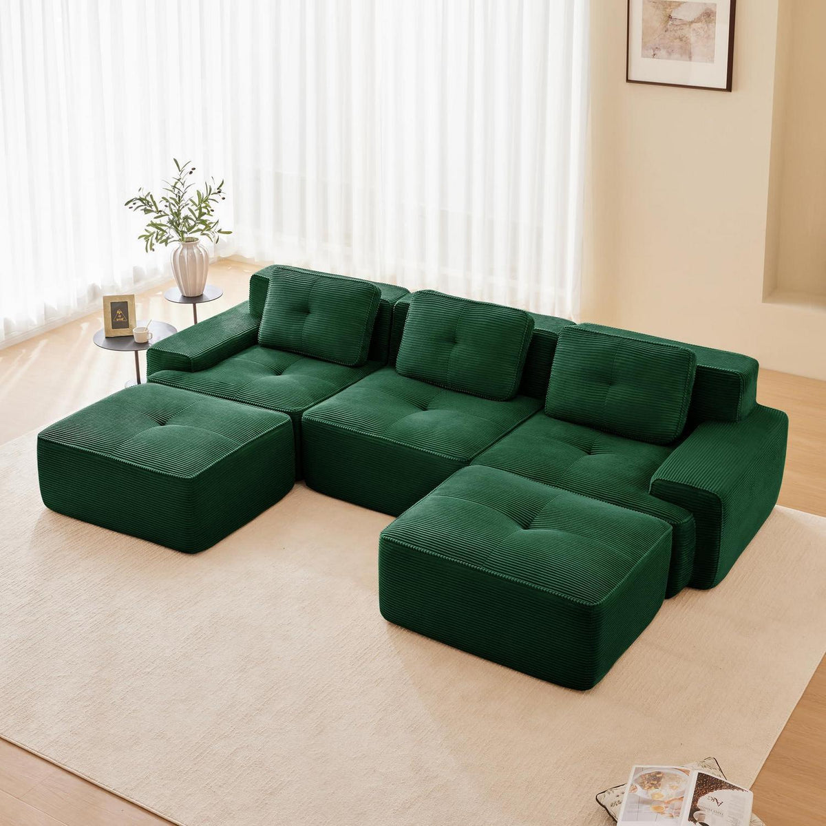 Modularer 2-Sitzer Cord-Sofa mit Hockern – Tiefsitz & Flexibel