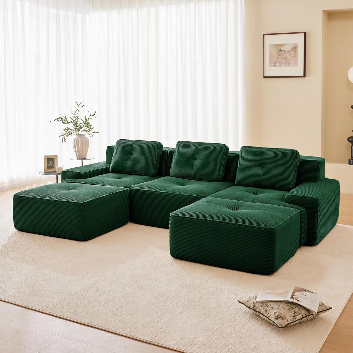 Modularer 2-Sitzer Cord-Sofa mit Hockern – Tiefsitz & Flexibel