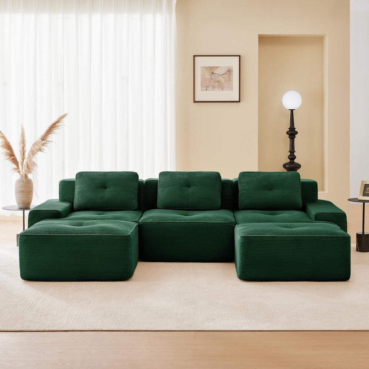 Modularer 2-Sitzer Cord-Sofa mit Hockern – Tiefsitz & Flexibel