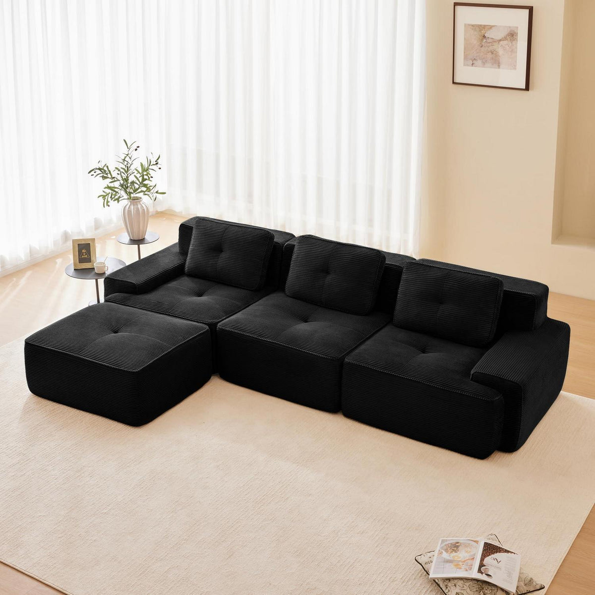 Modularer 3-Sitzer Cord Sofa mit Hocker – Tiefsitz & Komfort