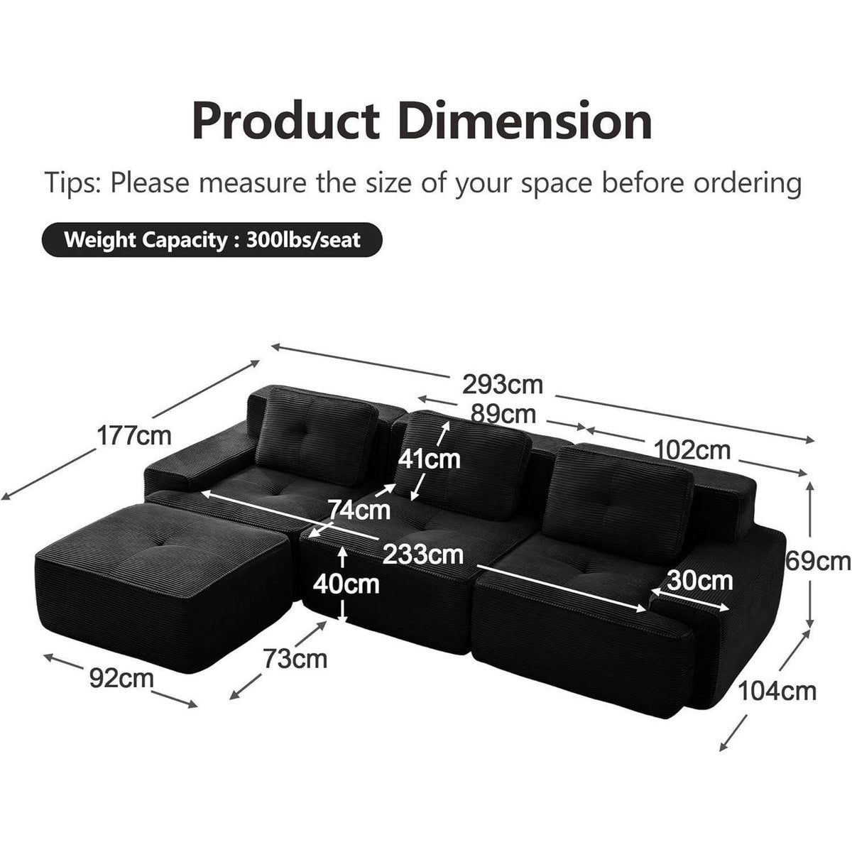 Modularer 3-Sitzer Cord Sofa mit Hocker – Tiefsitz & Komfort
