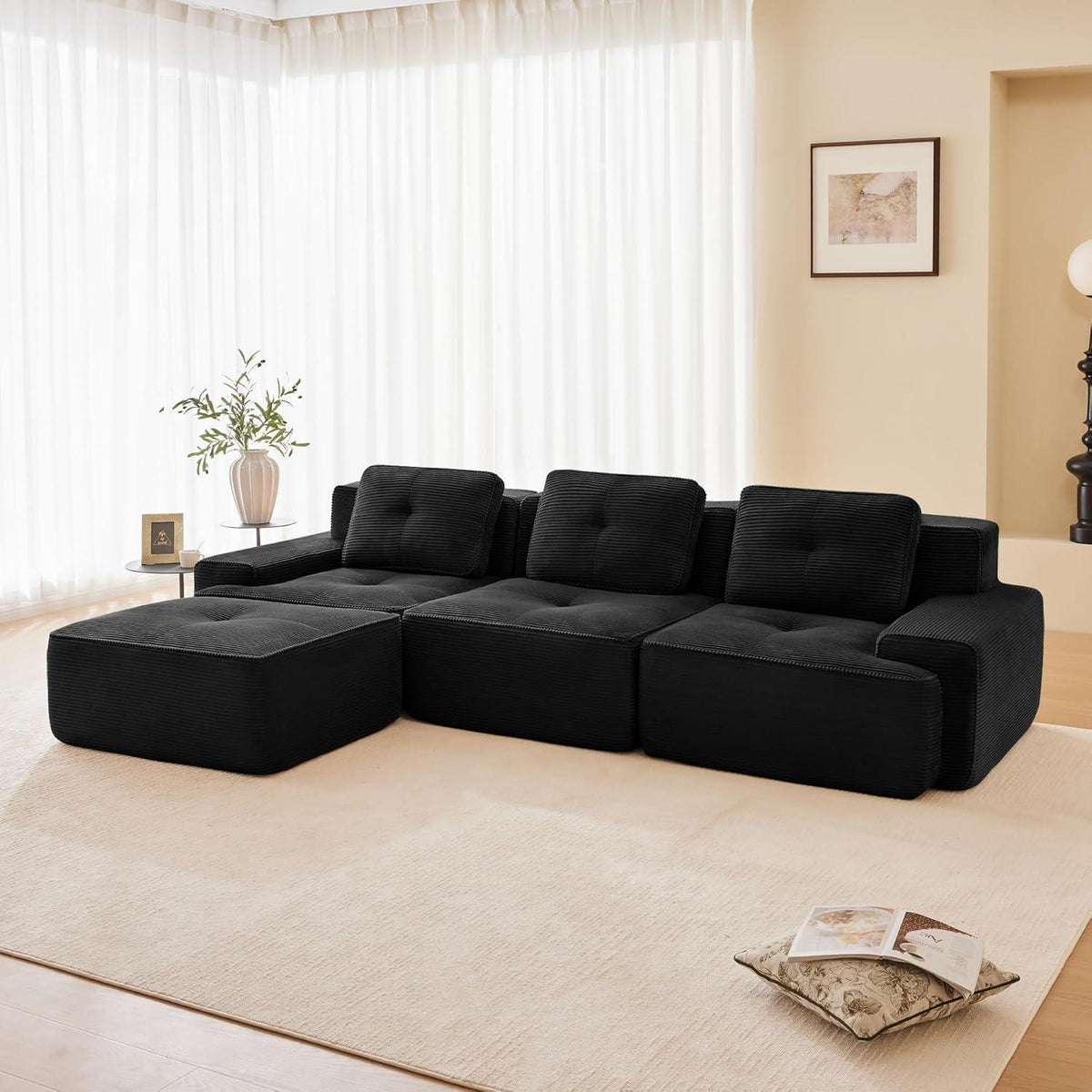Modularer 3-Sitzer Cord Sofa mit Hocker – Tiefsitz & Komfort