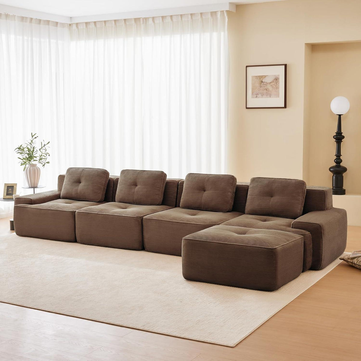 Modularer 4-Sitzer Cord Sofa mit Hocker – Tiefsitz & Komfort