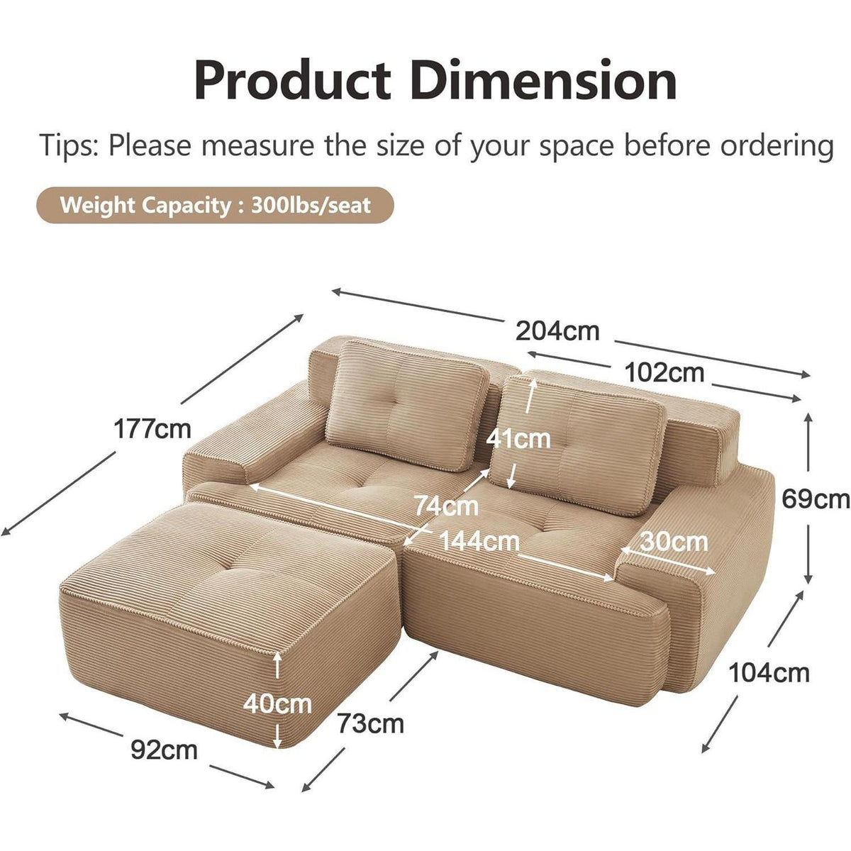 Modulares Cord Sofa 2-Sitzer + Hocker – Tiefsitz & Komfort