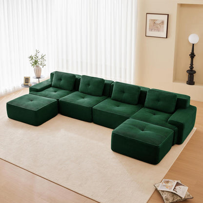 Modularer 4-Sitzer Cord-Ecksofa mit Hockern & Tiefsitz (Grün)