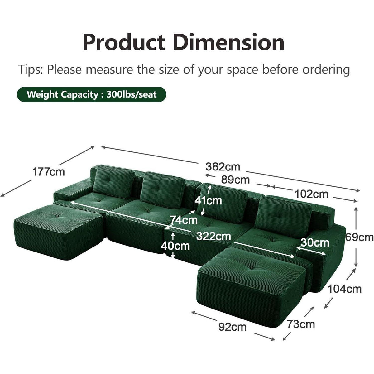 Modularer 4-Sitzer Cord-Ecksofa mit Hockern & Tiefsitz (Grün)