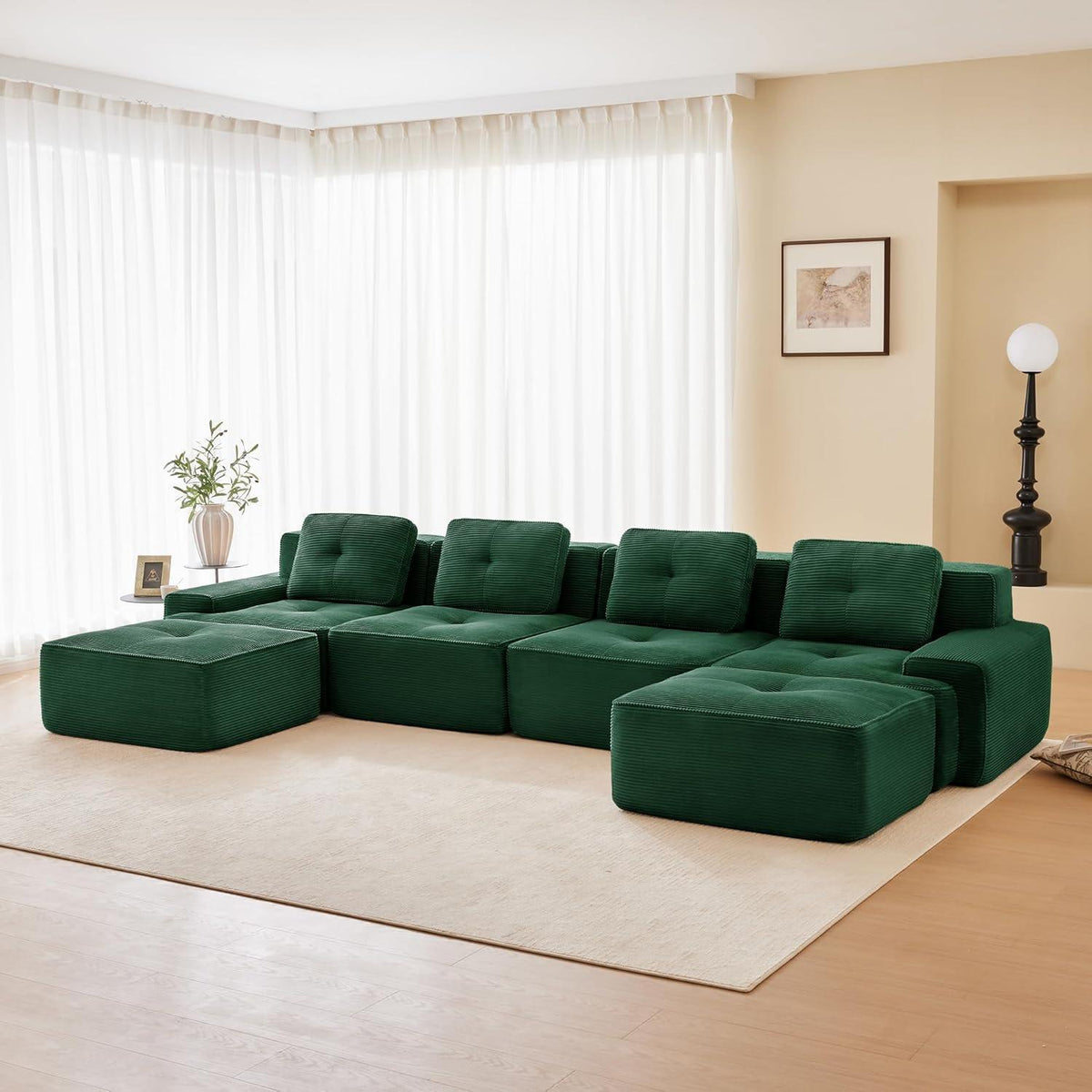 Modularer 4-Sitzer Cord-Ecksofa mit Hockern & Tiefsitz (Grün)