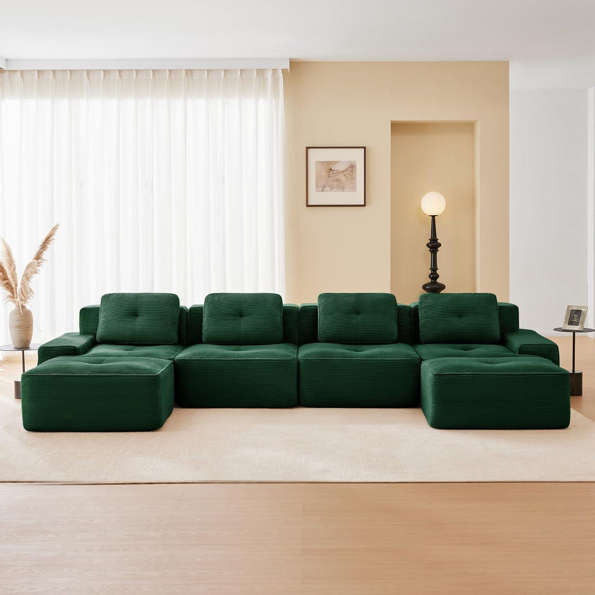 Modularer 4-Sitzer Cord-Ecksofa mit Hockern & Tiefsitz (Grün)