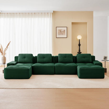 Modularer 4-Sitzer Cord-Ecksofa mit Hockern & Tiefsitz (Grün)