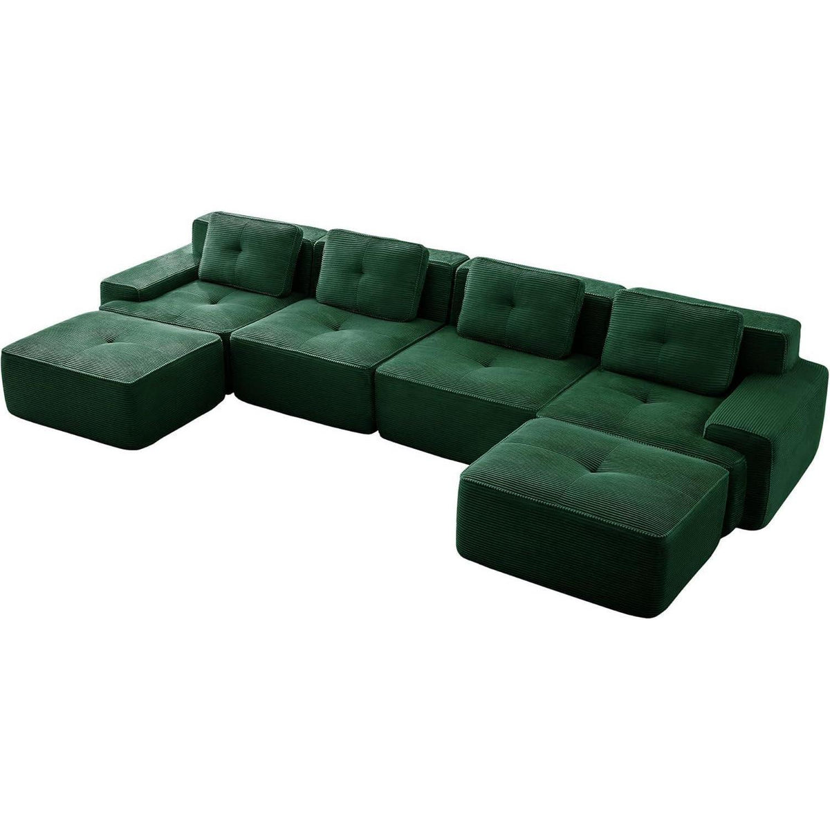 Modularer 4-Sitzer Cord-Ecksofa mit Hockern & Tiefsitz (Grün)