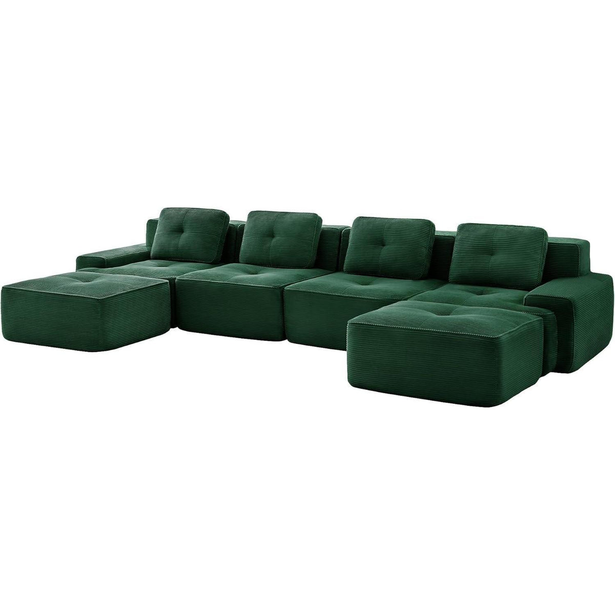 Modularer 4-Sitzer Cord-Ecksofa mit Hockern & Tiefsitz (Grün)