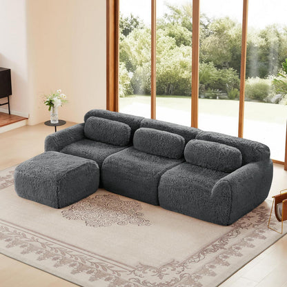 Modulares L-Form Sofa mit Hocker | Grau, Plüsch, Kein Aufbau