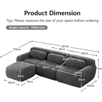 Modulares L-Form Sofa mit Hocker | Grau, Plüsch, Kein Aufbau