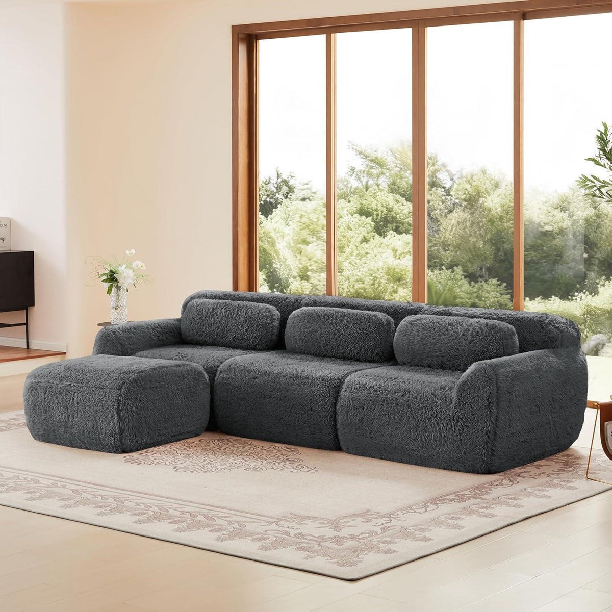 Modulares L-Form Sofa mit Hocker | Grau, Plüsch, Kein Aufbau
