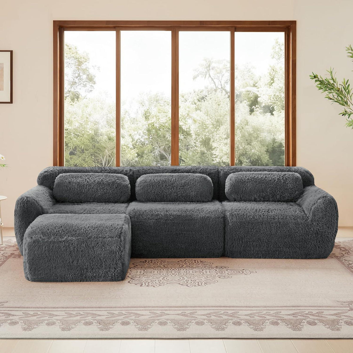 Modulares L-Form Sofa mit Hocker | Grau, Plüsch, Kein Aufbau