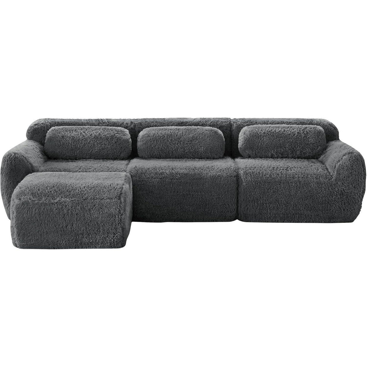 Modulares L-Form Sofa mit Hocker | Grau, Plüsch, Kein Aufbau