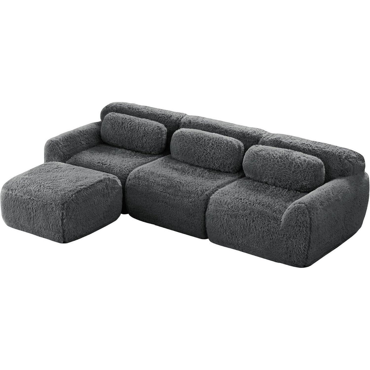 Modulares L-Form Sofa mit Hocker | Grau, Plüsch, Kein Aufbau