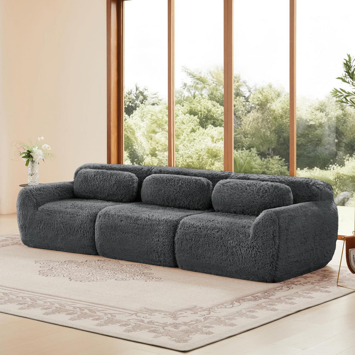 Graues 3-Sitzer Sofa Modular | Kein Aufbau, Plüschstoff & Komfort