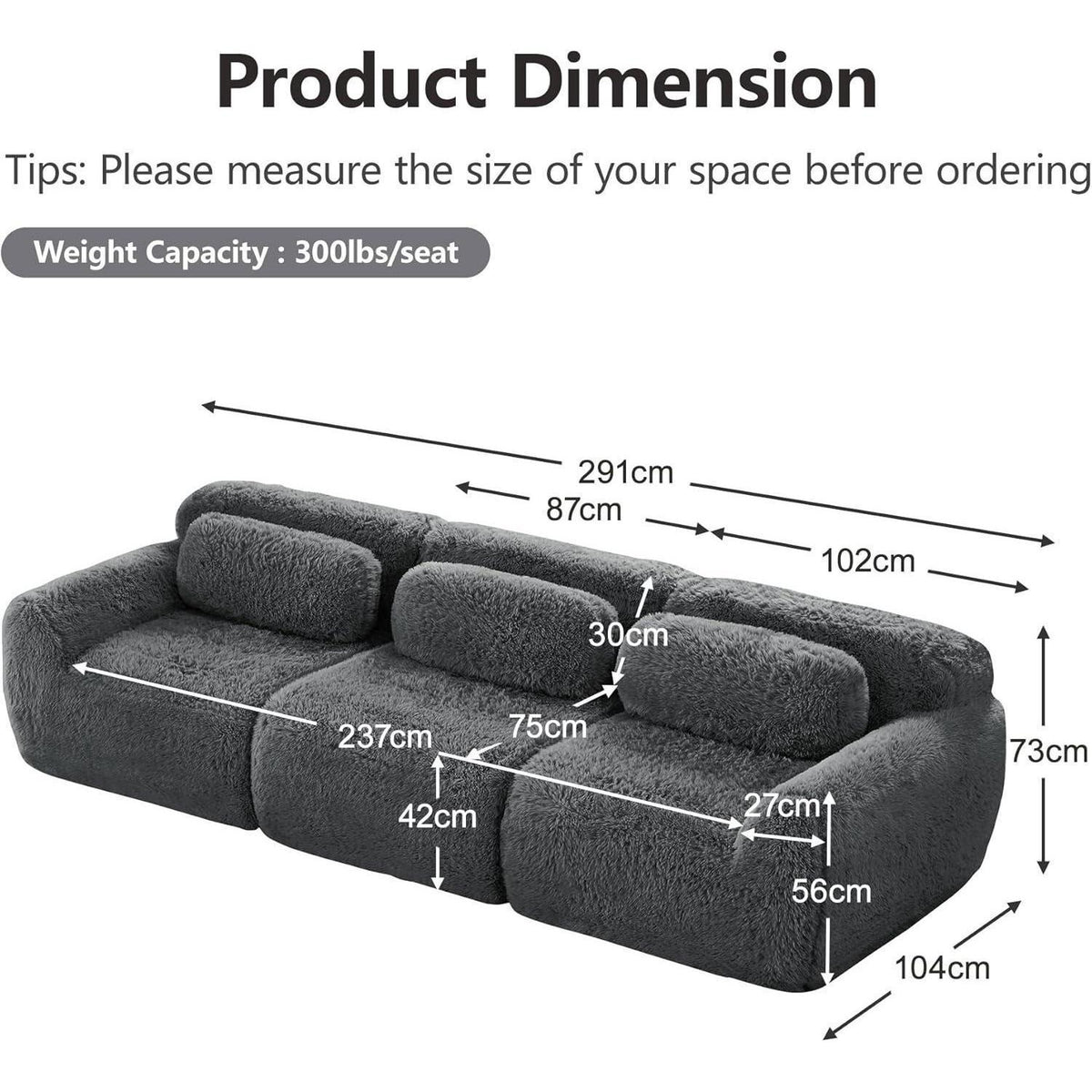 Graues 3-Sitzer Sofa Modular | Kein Aufbau, Plüschstoff & Komfort