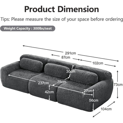 Graues 3-Sitzer Sofa Modular | Kein Aufbau, Plüschstoff & Komfort