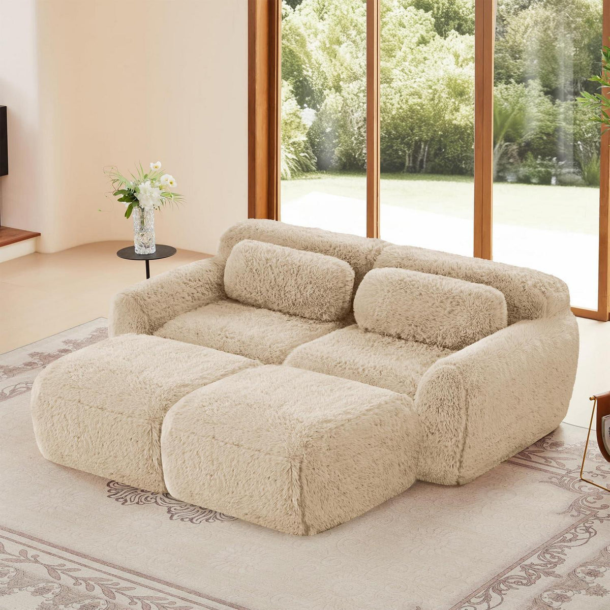2-Sitzer Sofa mit Hockern & Kissen – Hellkhaki, Modular & Komfortabel