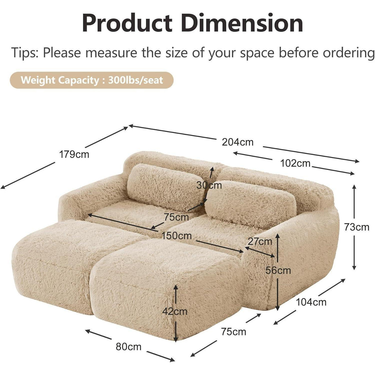 2-Sitzer Sofa mit Hockern & Kissen – Hellkhaki, Modular & Komfortabel