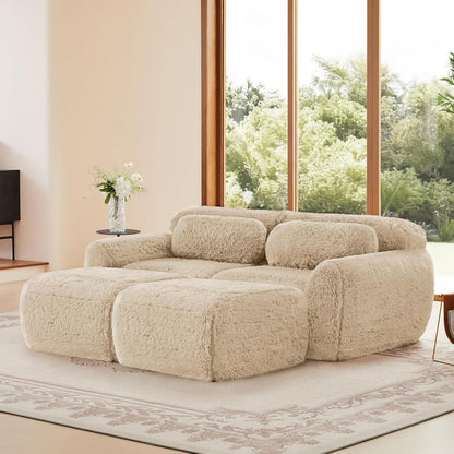 2-Sitzer Sofa mit Hockern & Kissen – Hellkhaki, Modular & Komfortabel