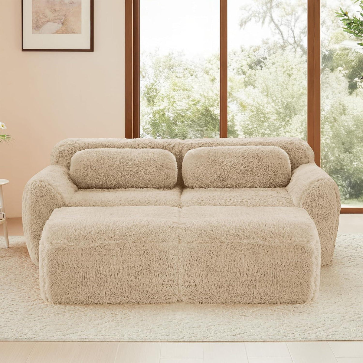 2-Sitzer Sofa mit Hockern & Kissen – Hellkhaki, Modular & Komfortabel