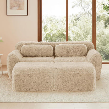 2-Sitzer Sofa mit Hockern & Kissen – Hellkhaki, Modular & Komfortabel