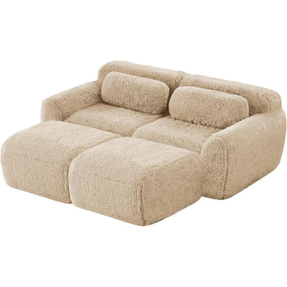 2-Sitzer Sofa mit Hockern & Kissen – Hellkhaki, Modular & Komfortabel