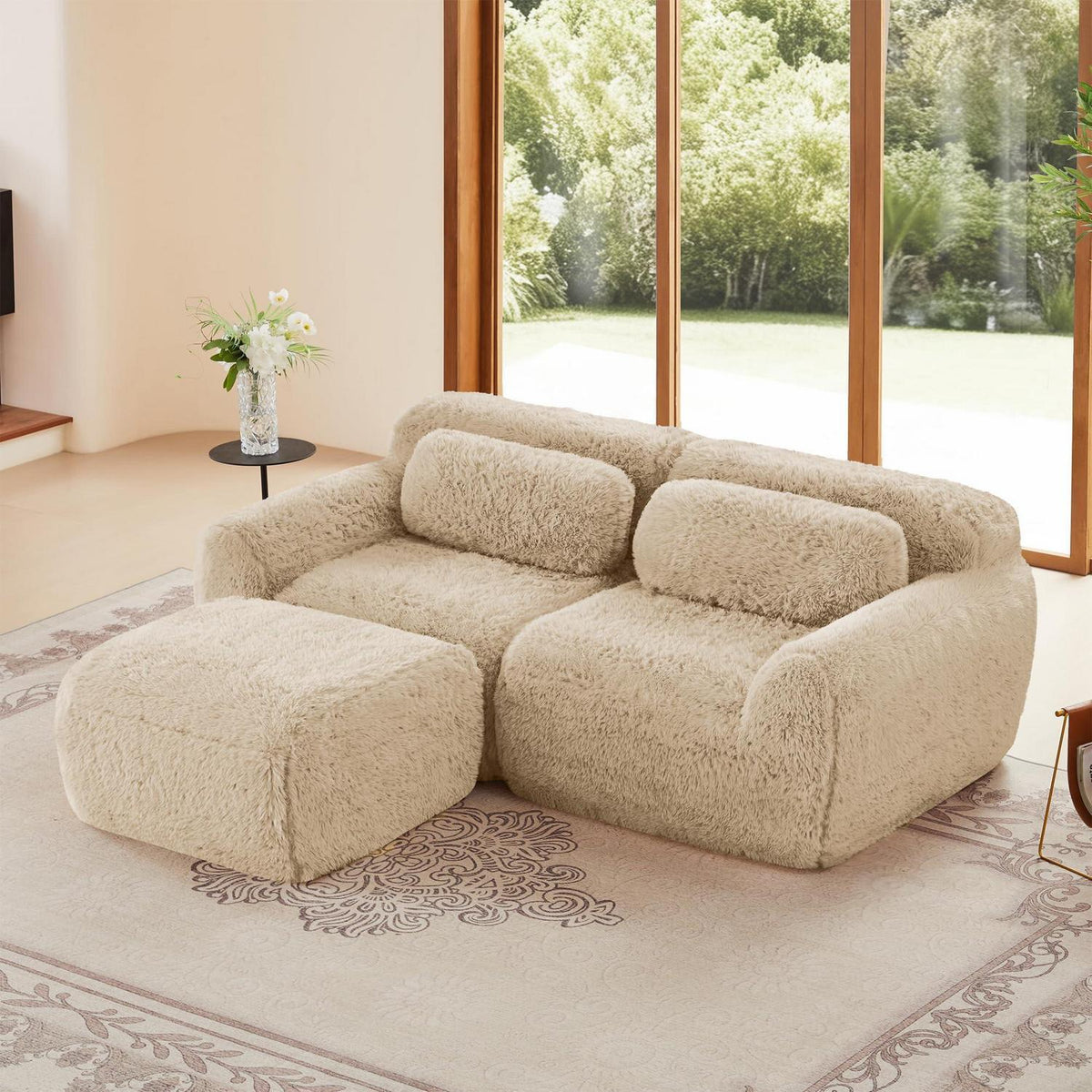 Modulares 2-Sitzer Sofa mit Hocker | L-Form, Plüsch, Hellkhaki