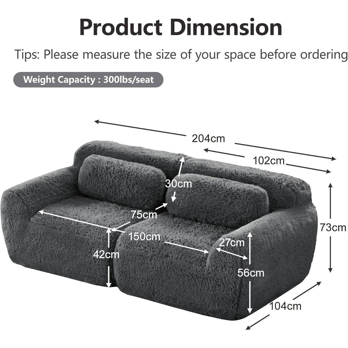 Graues 2-Sitzer Sofa | Modulares Design, Kein Aufbau, Plüschstoff