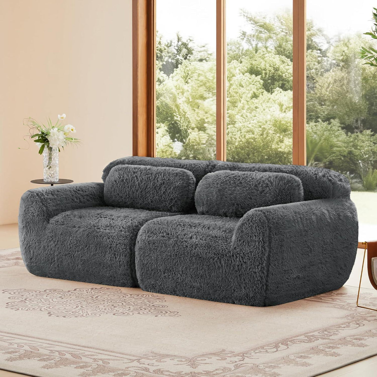 Graues 2-Sitzer Sofa | Modulares Design, Kein Aufbau, Plüschstoff