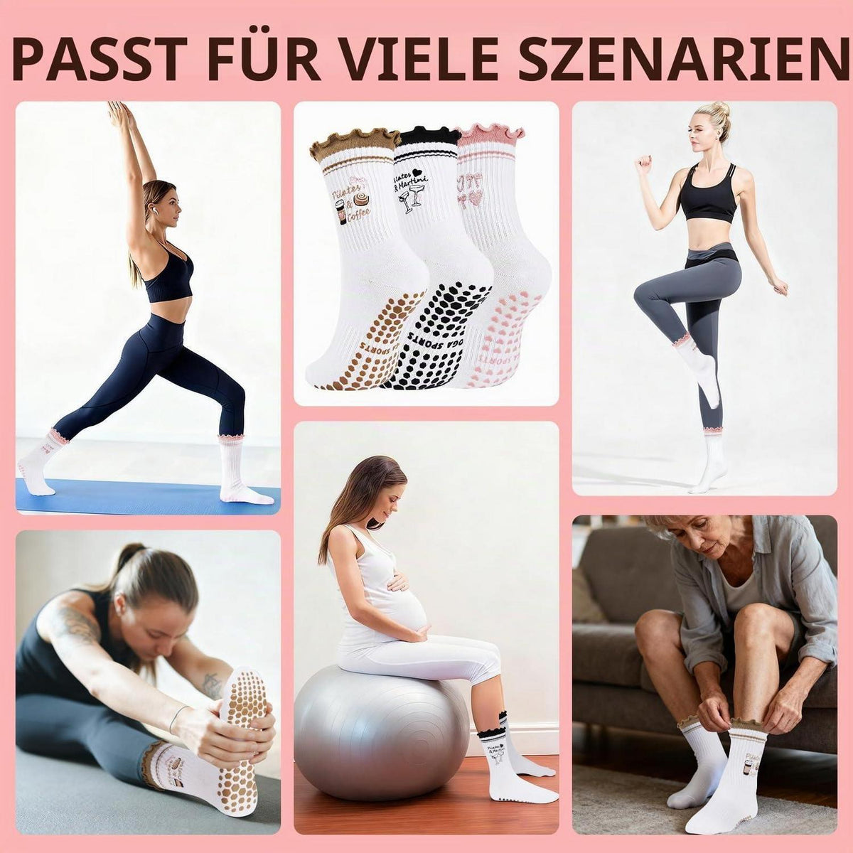 3 Paar Damen Pilates Socken mit Noppen für Yoga