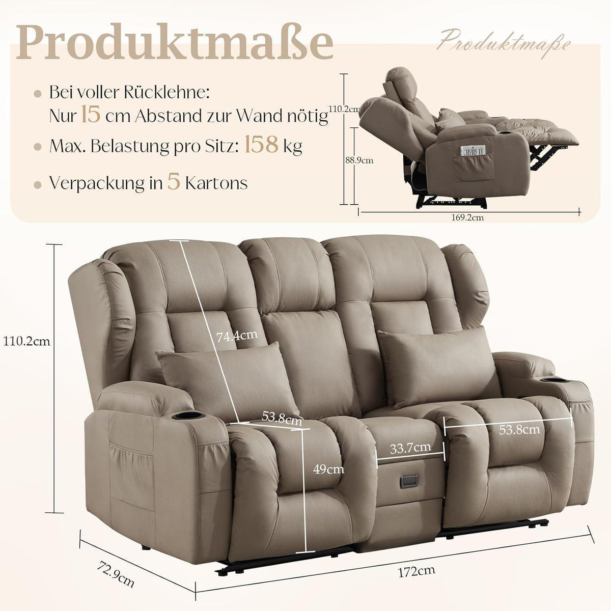 2-Sitzer Relaxsessel mit Liegefunktion & Kinosofa Khaki