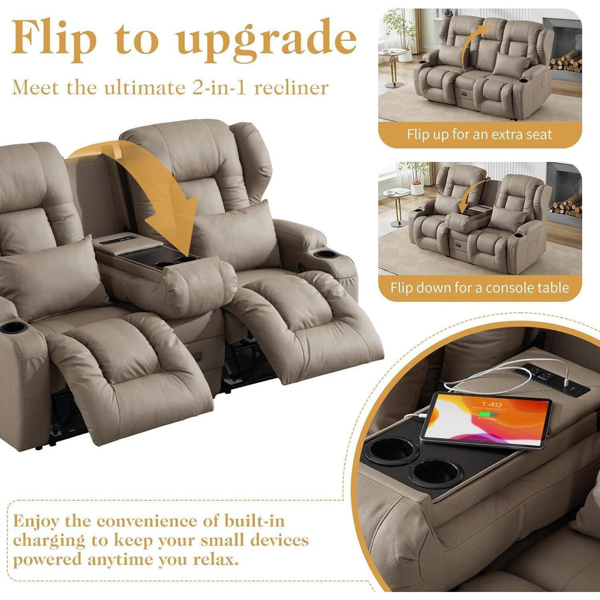 2-Sitzer Relaxsessel mit Liegefunktion & Kinosofa Khaki