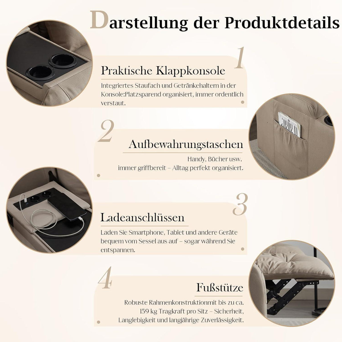 2-Sitzer Relaxsessel mit Liegefunktion & Kinosofa Khaki