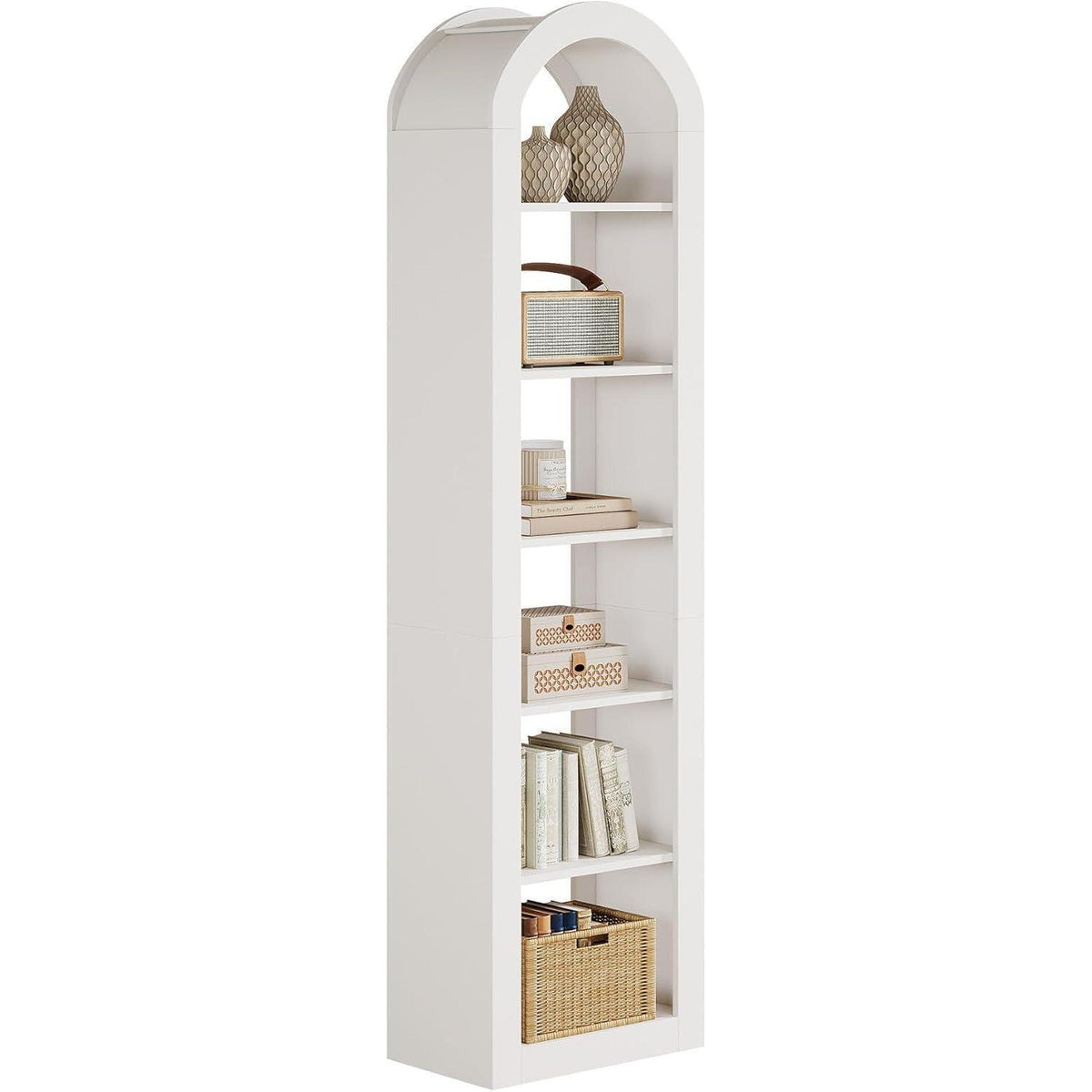 6-stöckiges Bücherregal mit Bogen | Weißes Eckregal für Wohnzimmer